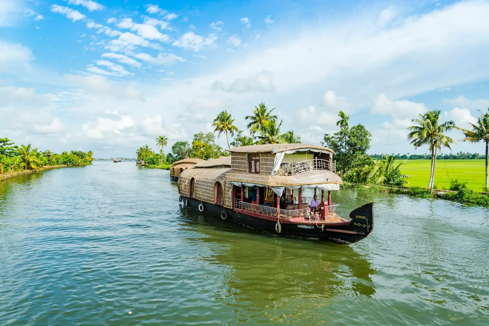 A houseboat on the calm Kerala backwaters